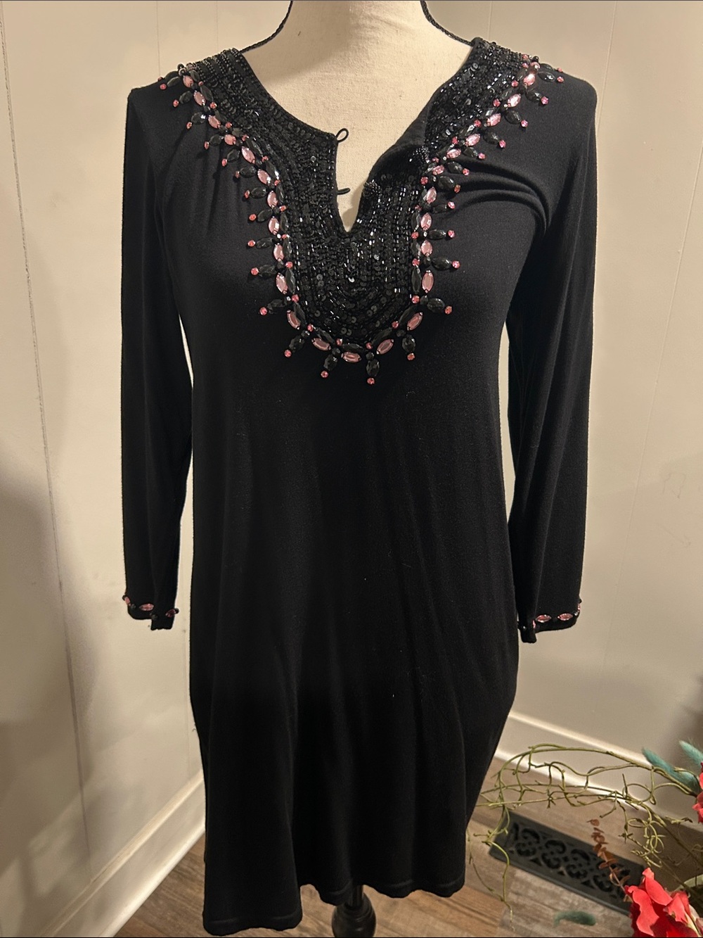 Joyous and Free black Long-Sleeve Embellished Dress or Tunic Pink Gem Accents